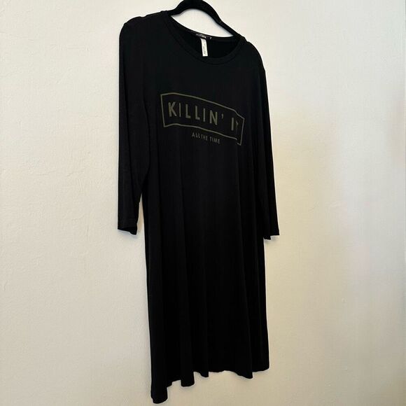 Final Touch Killin' It Print Rayon Modal 3/4 Sleeve Black Shift Dress Size Large - Picture 2 of 6